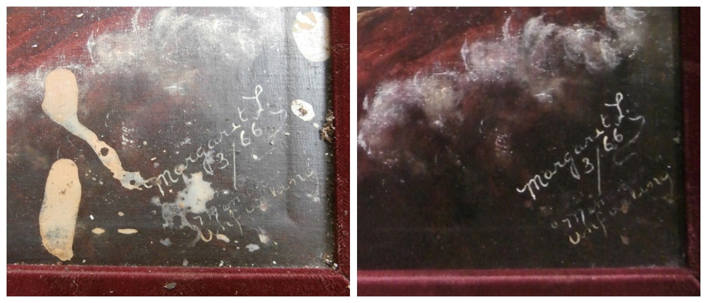 Corner of
                soiled canvas before and after cleaning