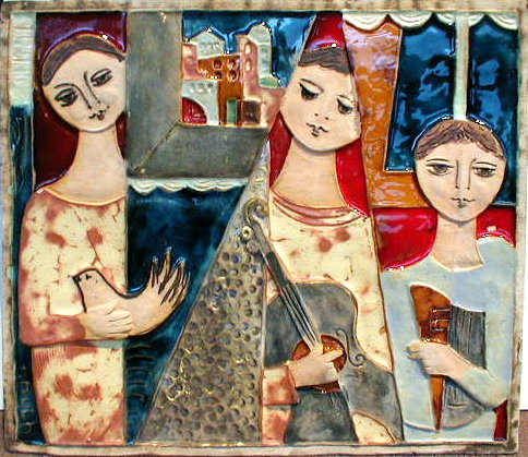 Three
              figures, dove and village