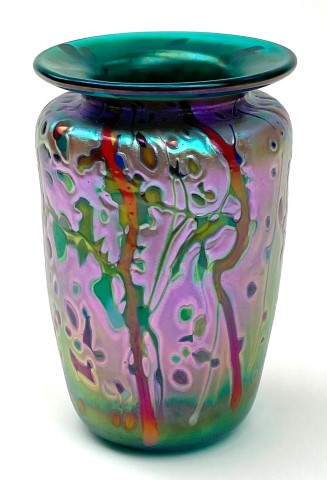Turquoise red iridescent red trails small
                      vase