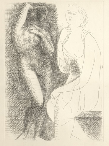 Femme nue
                  devant une statue