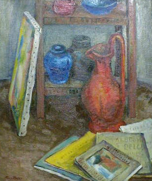Books And Shelf Of Pottery