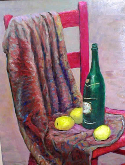 Ponsen Ginger Ale Bottle and Lemons on Red
                    Chair
