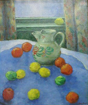 Pitcher On A Blue Draped Table With Fruit