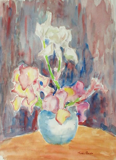 Pink And White Flowers In Blue Vase