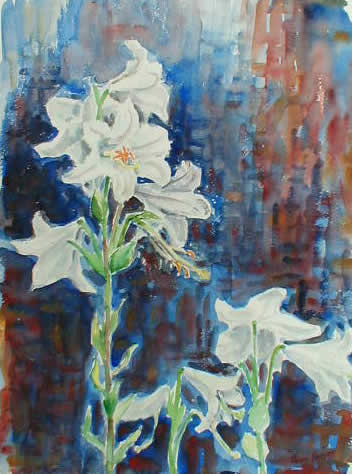 White Lilies With Blue Background