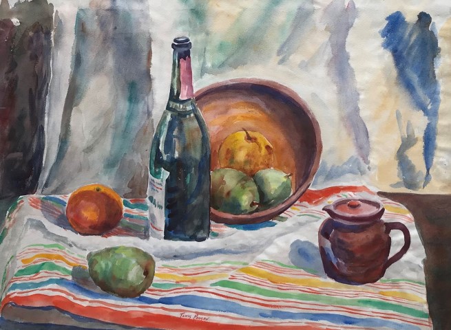 Wine Bottle and Fruit on Striped Cloth