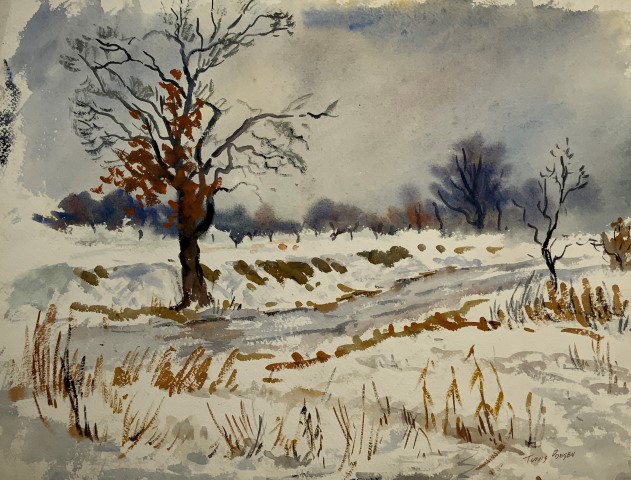 Winter Landscape with Fall colored Leaves on
                    Tree