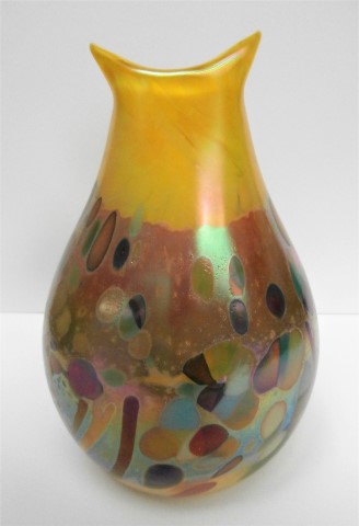 Yellow
                      rim multicolored pouch vase
