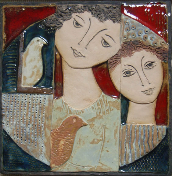 Two figures and two doves