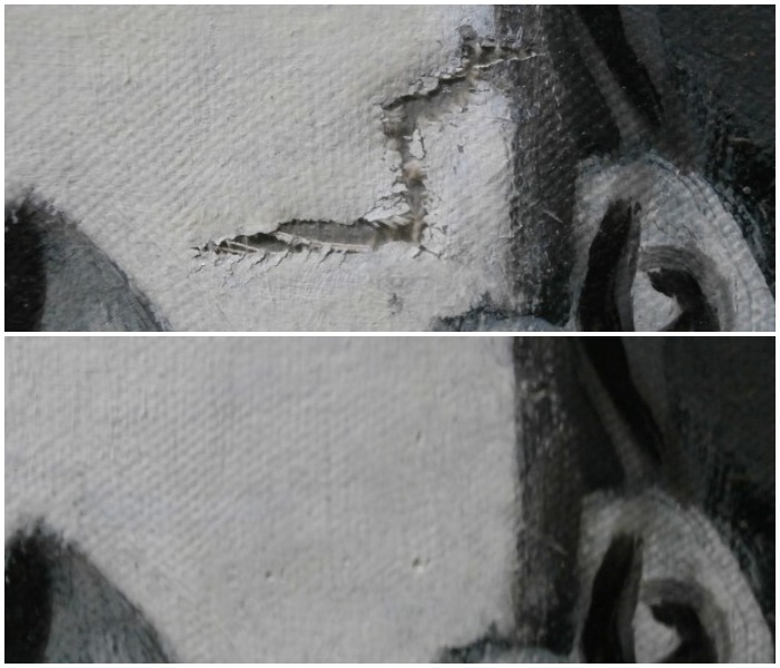Tear
                in canvas before and after